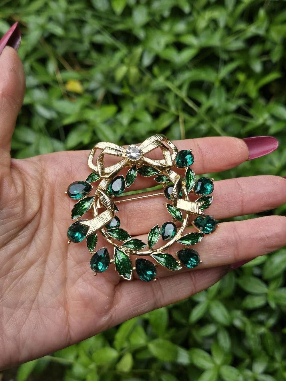 Napier Gold Tone Wreath Brooch with Emerald Green Stones